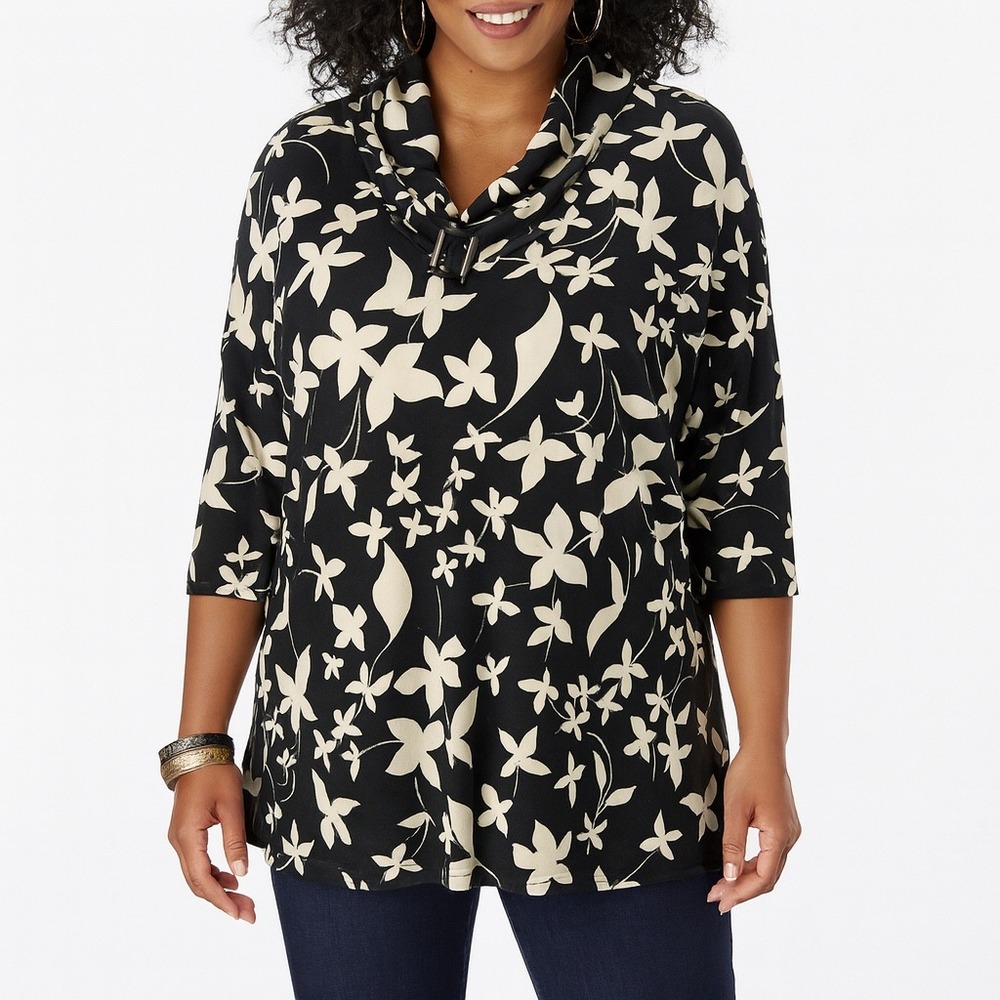 Apostrophe Woman‎ Blouse 16/18W Black Floral Cowl Neck 3/4 Sleeve Top